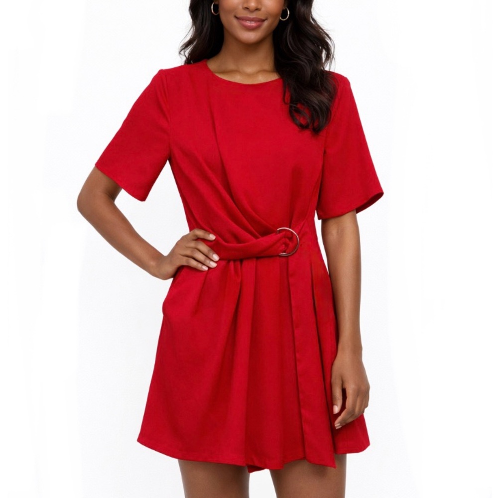 Zara Red Belted Romper with Skirt Overlay and Pockets - Size Small